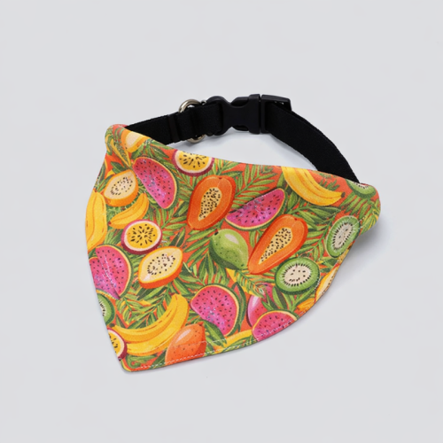 Bandana frutal para mascotas con collar ajustable. Modelo Tutti de UnaTaza, diseño colorido y fresco. Envíos a todo Chile.