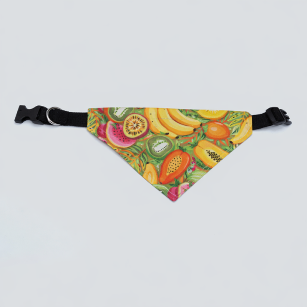 Bandana frutal para mascotas con collar ajustable. Modelo Tutti de UnaTaza, diseño colorido y fresco. Envíos a todo Chile.