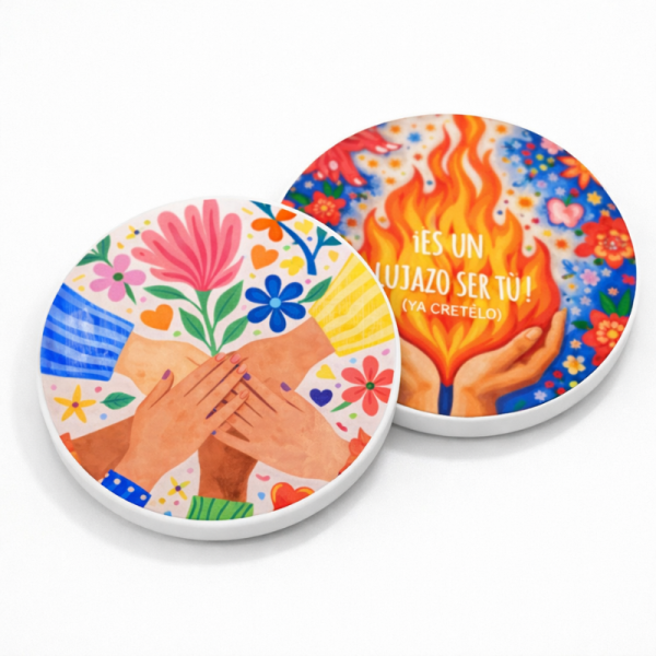 Set de 6 posavasos de cerámica Happy con diseños coloridos para compartir